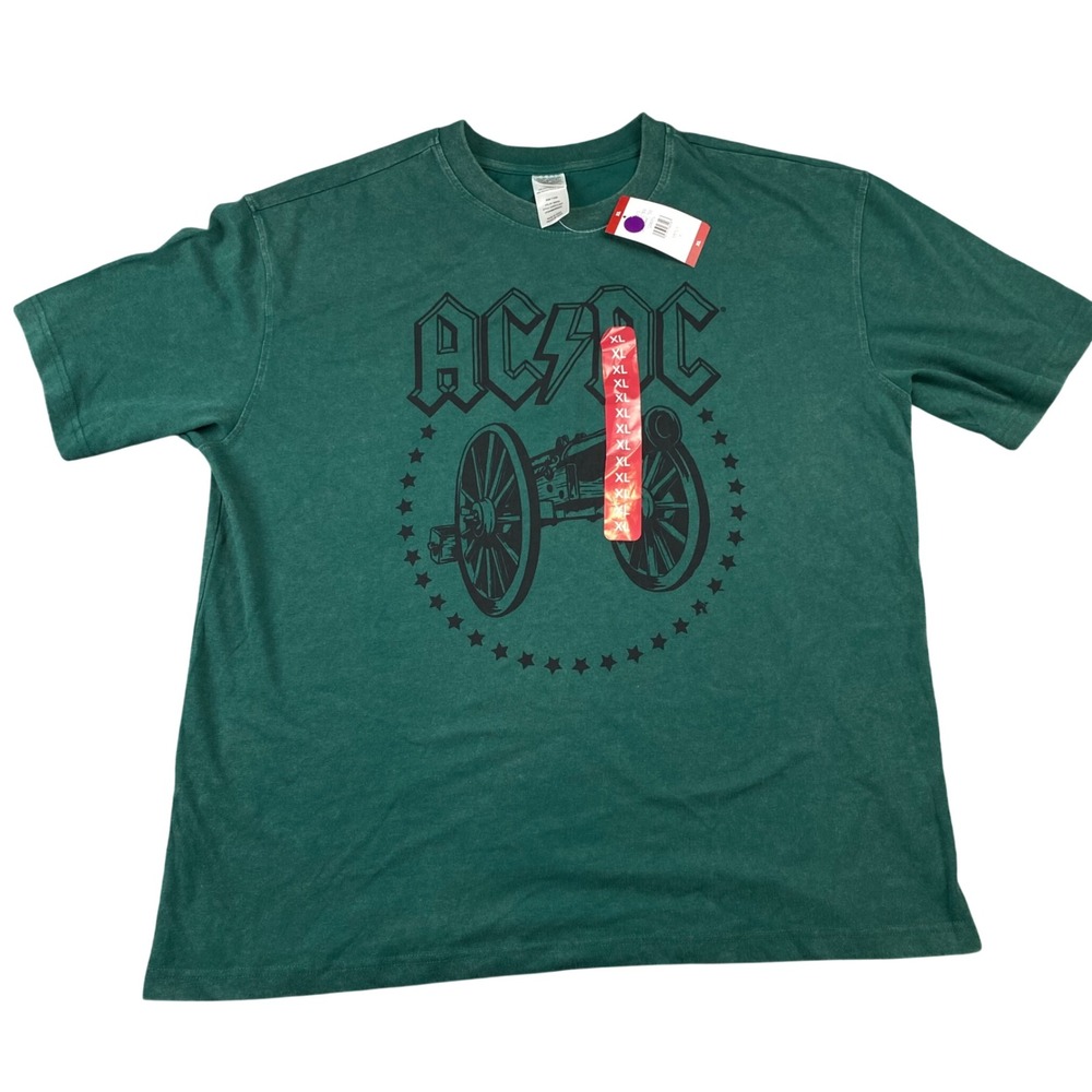 NWT AC DC Mens XL Dark Green Mineral Wash Cannon Graphic Tee Rock Band 2025